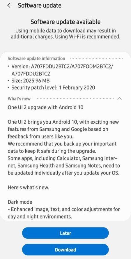 三星Galaxy A70s，Galaxy A6（2018）更新使Android 10帶有一個(gè)UI 2.0