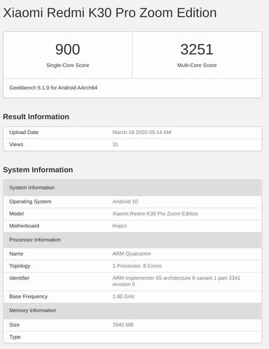 小米Redmi K30 Pro Zoom Edition達到了由Snapdragon 865和8 GB RAM供電的Geekbench