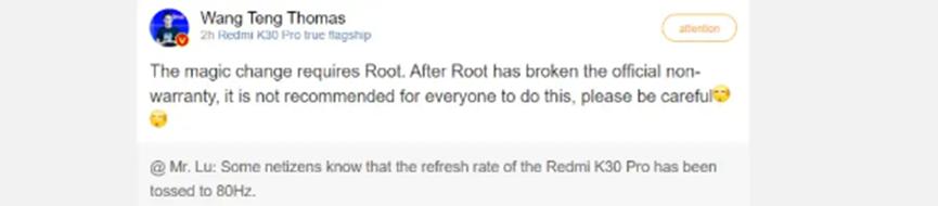 Redmi不建議您將Redmi K30 Pro的刷新率調整到80Hz