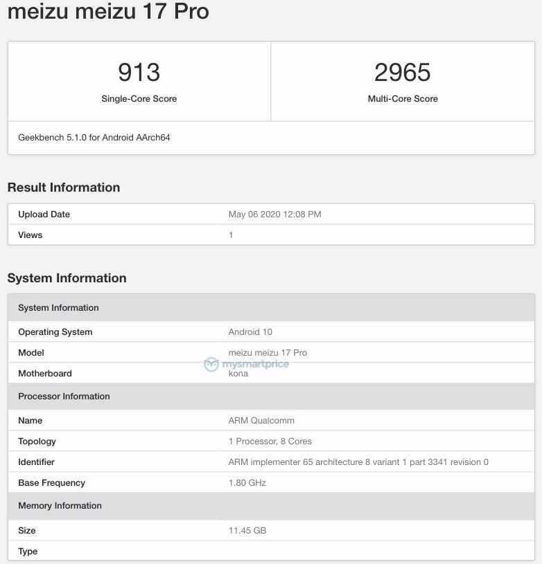 [更新：Meizu 17 Pro Too]出現(xiàn)在帶有Snapdragon 865 SoC，8GB RAM的Geekbench上