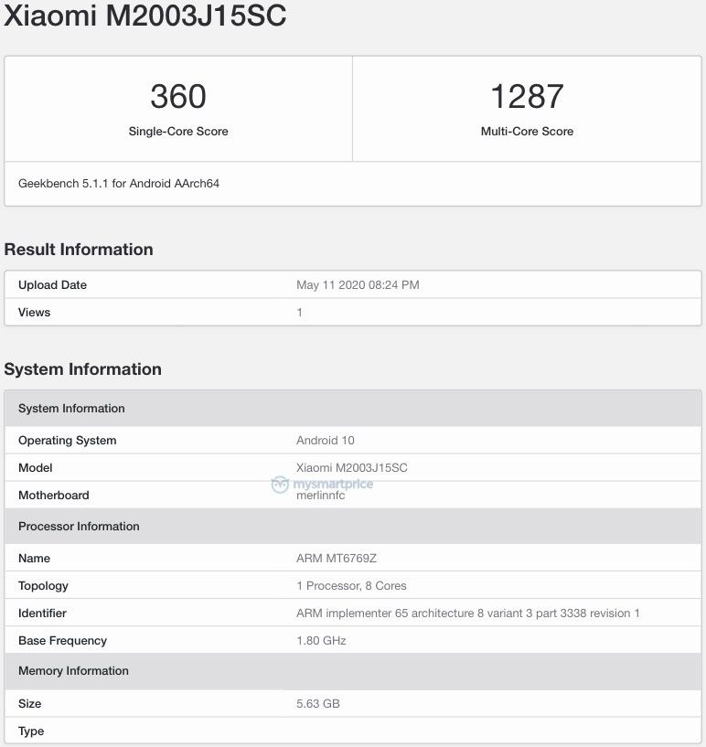 Redmi 10X具有6GB RAM，Android 10已在Geekbench上發(fā)現(xiàn)