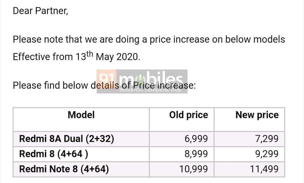 Redmi Note 8，Redmi 8，Redmi 8A印度的雙重價格再次上漲了500盧比