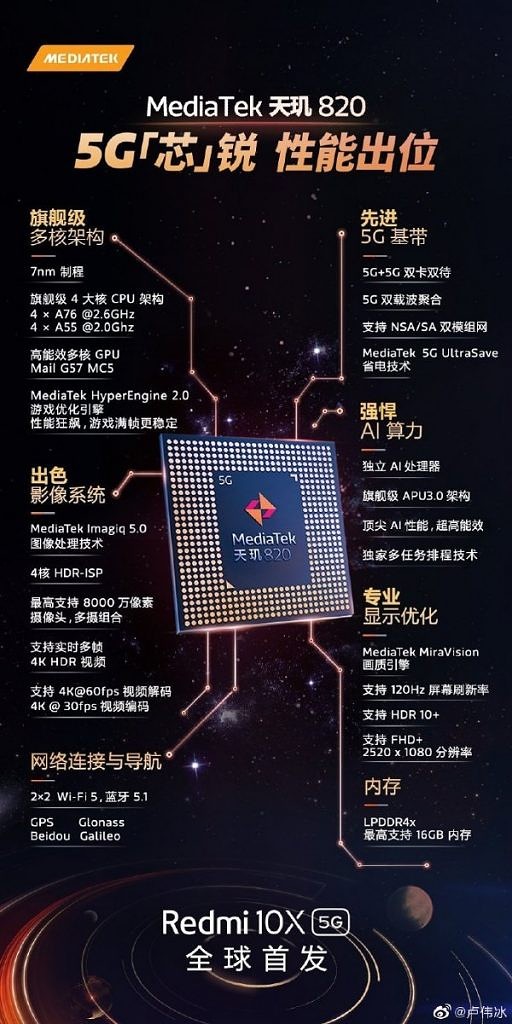 搭載聯(lián)發(fā)科DIMENSITY 820 SOC的REDMI 10X將于5月26日正式上市