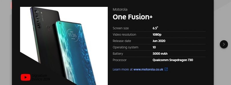 YouTube泄露了摩托羅拉One Fusion +的高通Snapdragon 730、5,000mAh電池和2020年6月發(fā)布日期