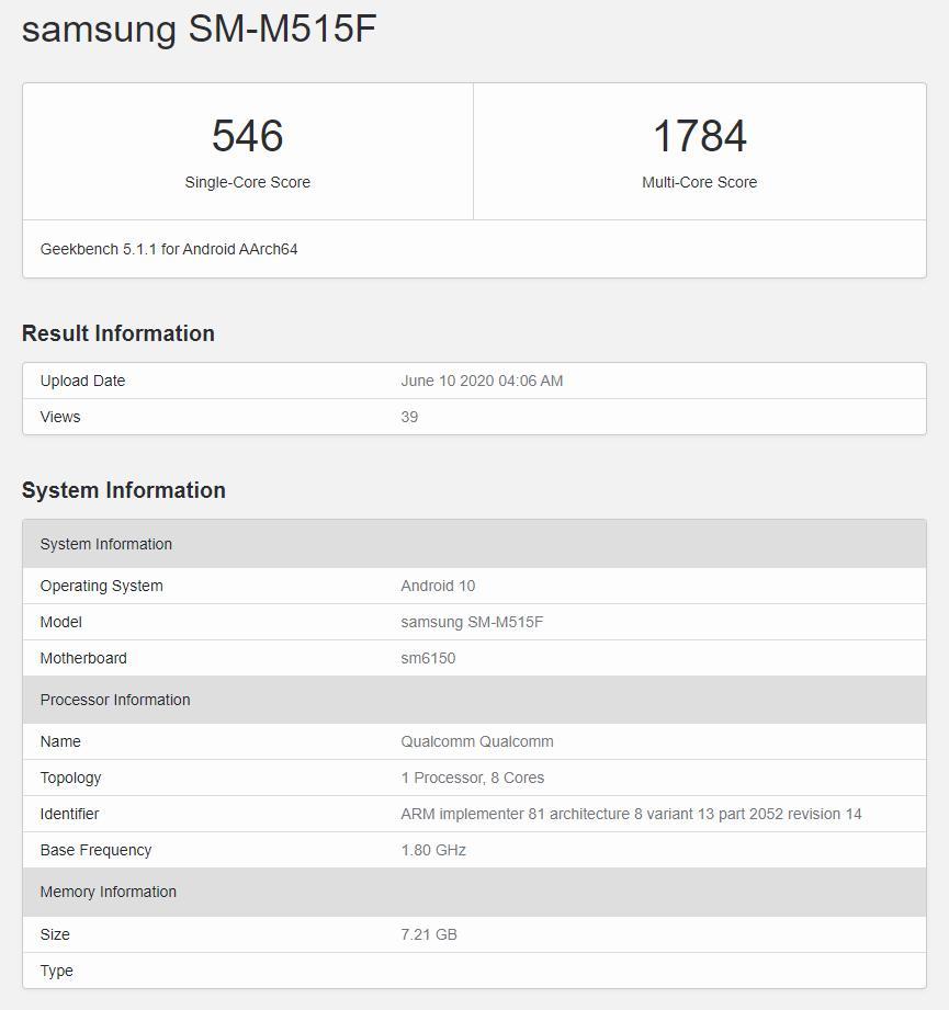 Galaxy M51在Geekbench上以Snapdragon 675和8GB RAM為基準(zhǔn)