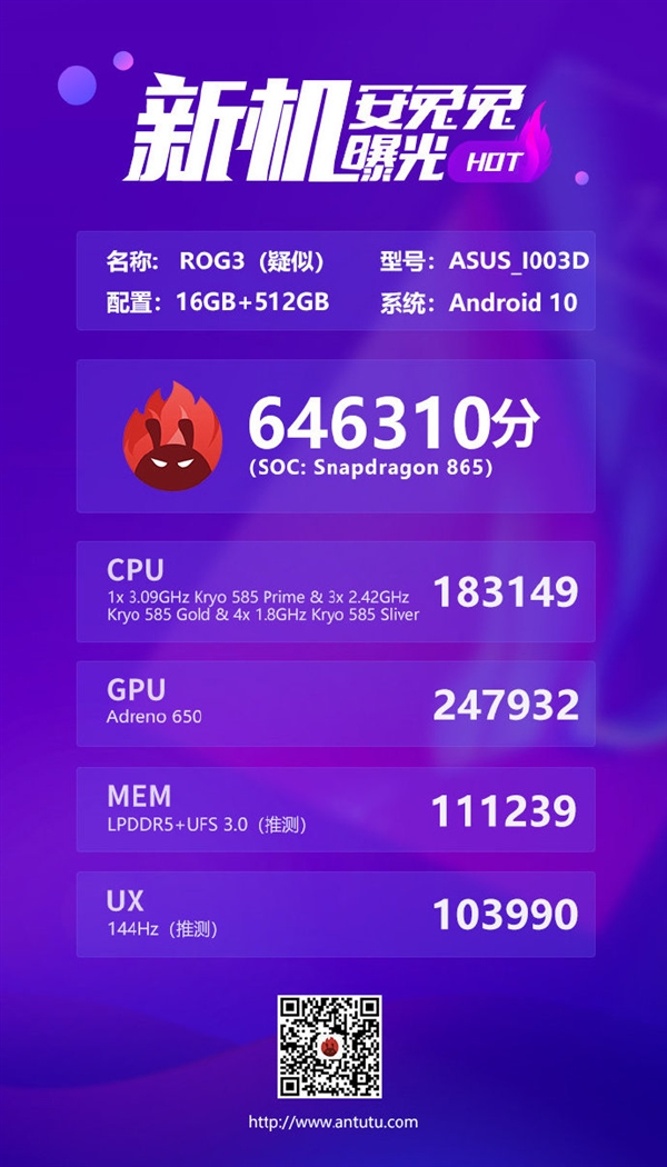 出現(xiàn)ASUS ROG Phone 3的完整規(guī)格和AnTuTu列表；列表顯示Snapdragon 865 Plus SoC