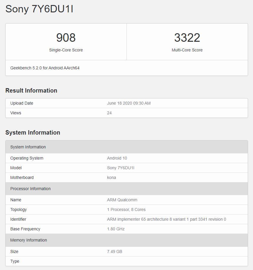 在Geekbench上發(fā)現(xiàn)帶有Snapdragon 865的神秘索尼7Y6DU1I智能手機(jī)