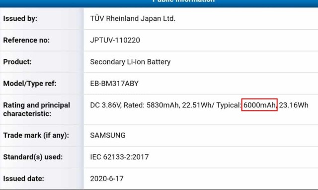 三星Galaxy M31s包裝了經(jīng)過TUV認(rèn)證的6,000mAh電池