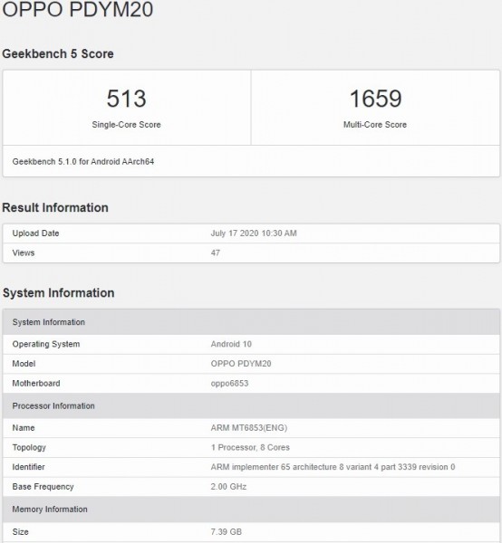 Oppo A72 5G配備8GB RAM，Dimensity 720 SoC達(dá)到Geekbench