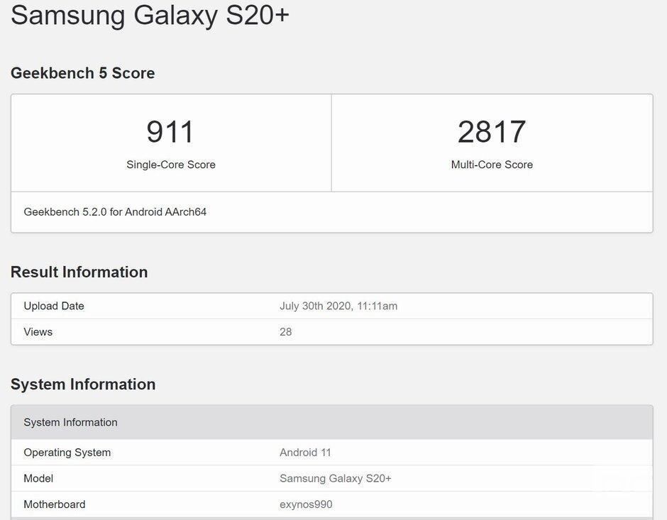 三星Galaxy S20 +出現在運行Android 11的Geekbench上