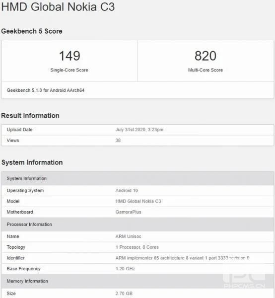 帶有Unisoc處理器的諾基亞C3出現(xiàn)在Geekbench