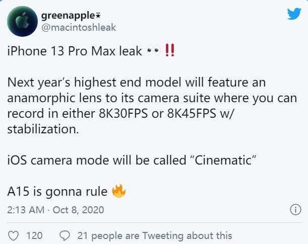 iPhone 13 Pro Max相機升級,可以捕捉高達45FPS的穩(wěn)定8K視頻的變形鏡頭