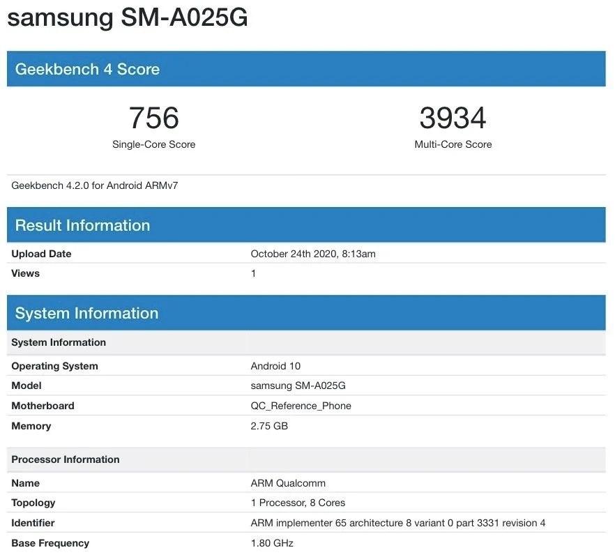 三星Galaxy A02s通過Snapdragon 450訪問Geekbench