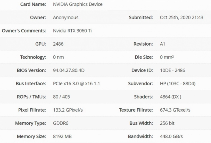 GPU-Z中顯示了英偉達RTX 3060 Ti的功能