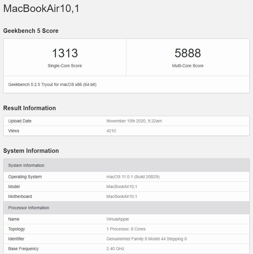 在Rosetta 2下運(yùn)行x86仿真的M1 MacBook Air仍比單核工作負(fù)載中的每個(gè)Mac型號(hào)都要快