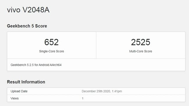 Vivo V2048A在Geekbench上運行Android 11