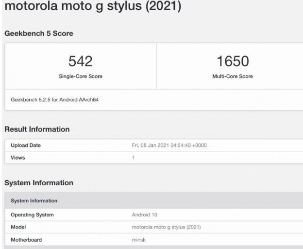 摩托羅拉Moto G Stylus（2021）通過Geekbench基準測試