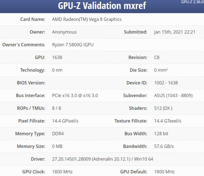 有關AMD Ryzen 7 5800G的初步信息顯示