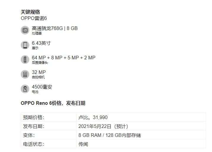 OPPO Reno 6系列的發(fā)布日期可能已經(jīng)確定，并且可能會在該品牌的年中晚會上首次亮相