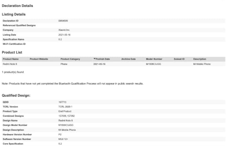 帶MIUI 12的Redmi  Note 8(2021)即將發(fā)布，已通過藍(lán)牙SIG認(rèn)證