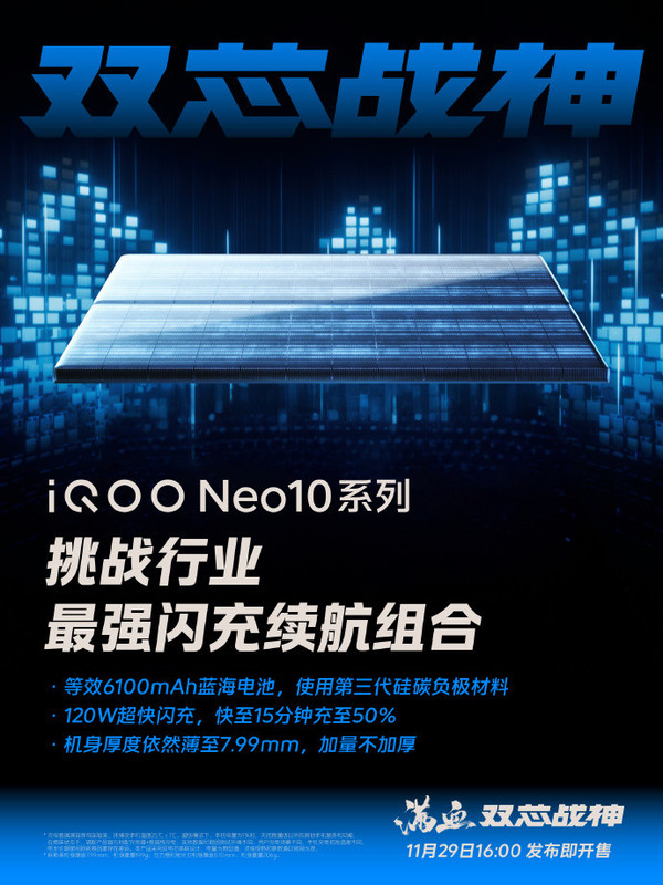 iQOO Neo10系列續(xù)航配置公布：6100mAh+120W閃充